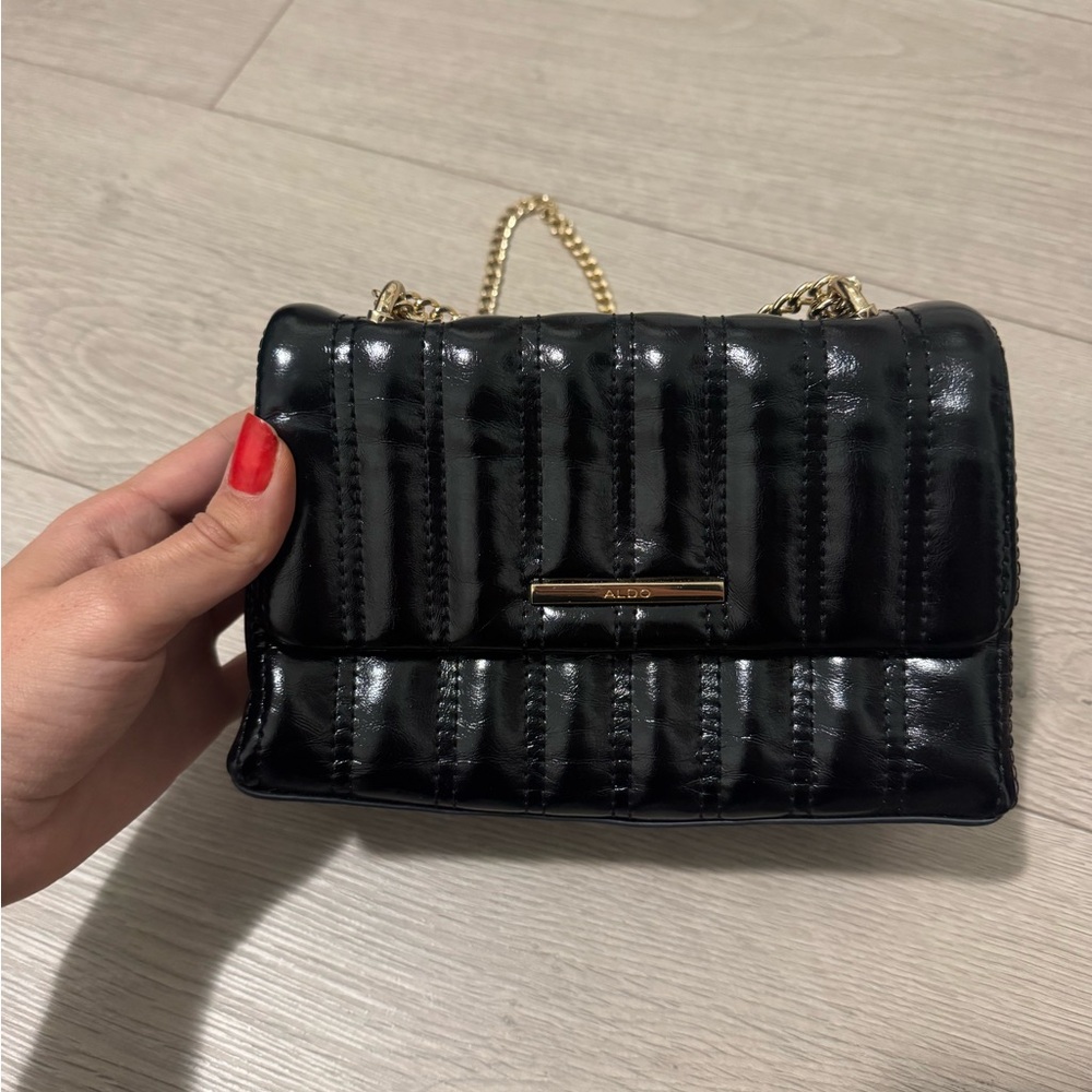 Aldo Black Glossy Crossbody Bag with Gold Chain